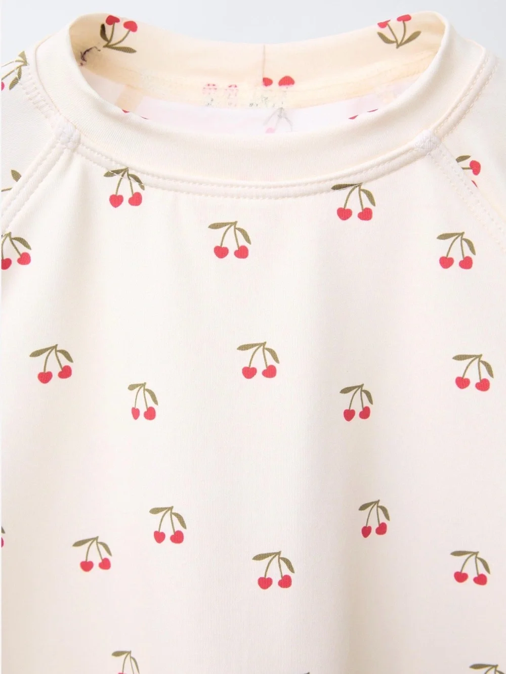 Zara Girls Long-Sleeve Rashguard Swim Top with Cherry Print, Ivory (Ecru) - 2Y